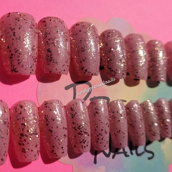 Blush Pink Shimmer Glitter Short Coffin Press on Nails - Picture 2 of 3